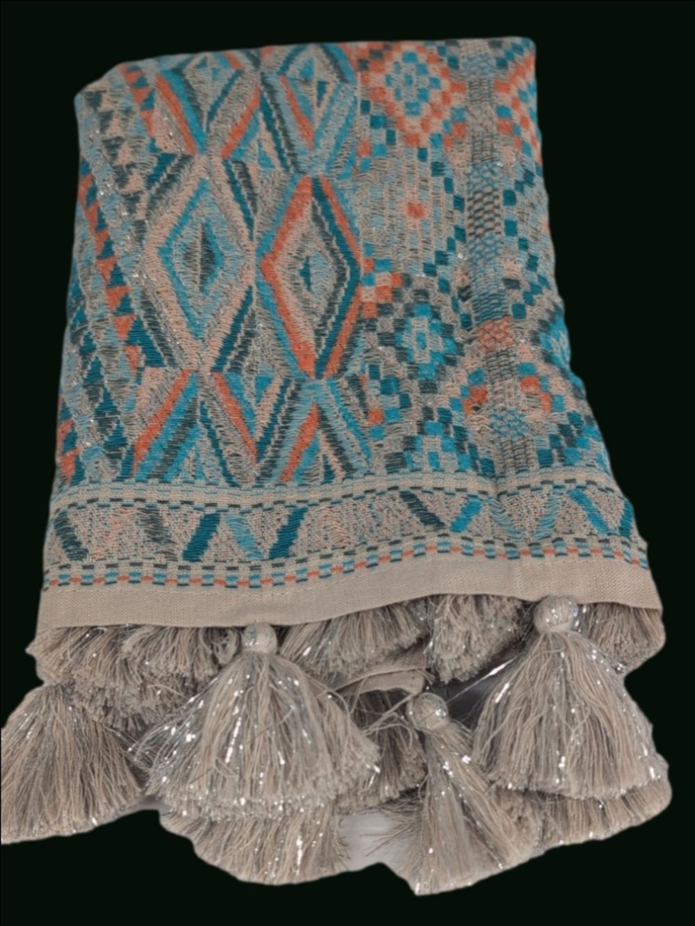 J. Crew Scarf Bohemian Style Beige Turquoise Orange Silver Tassel NWT